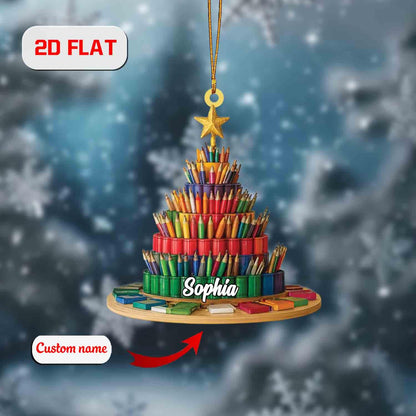 Custom 2D Flat Pencil Tree Ornament, Personalized Acrylic Christmas Ornament with Name, Teacher Gift, Art Lover Holiday Decor, Xmas Gift