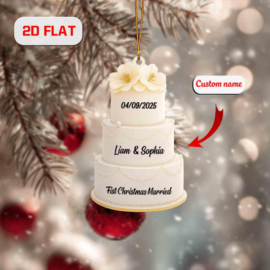 Custom 2D Flat Wedding Cake Ornament, Personalized First Christmas Married Ornament with Name and Date, Newlywed Gift, Holiday Decoration