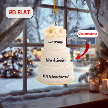 Custom 2D Flat Wedding Cake Ornament, Personalized First Christmas Married Ornament with Name and Date, Newlywed Gift, Holiday Decoration