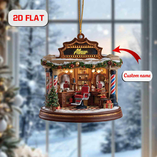 Custom 2D Flat Barber Shop Ornament, Personalized Acrylic Christmas Ornament with Name, Barber or Hairstylist Gift, Holiday Tree Decoration