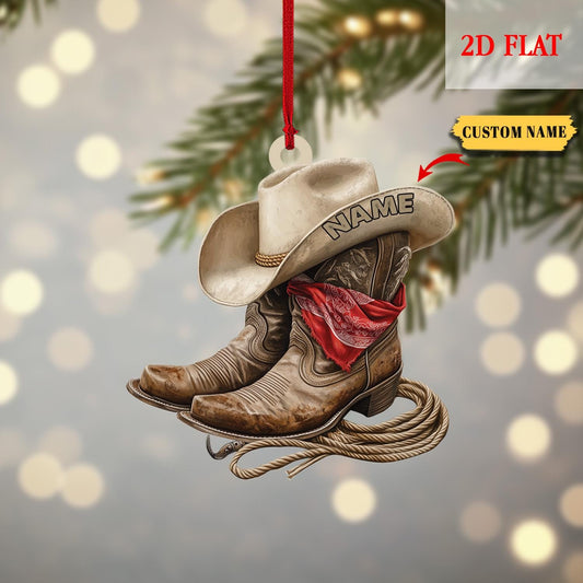 Personalized Cowboy Christmas Ornament, Custom Western Keepsake, Cowboy Boot Ornaments, Cowboy Name Ornament, Cowboy Hat, Boot Stocking
