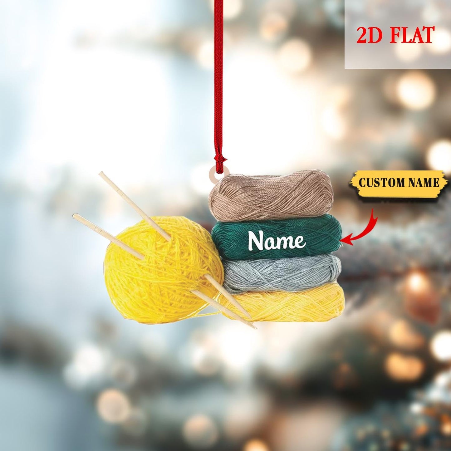 Personalized Wool Basket Knitting Accessories with String Lights, Yarns Ornament Christmas, Custom Name Christmas Tree Ornament Decoration