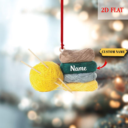 Personalized Wool Basket Knitting Accessories with String Lights, Yarns Ornament Christmas, Custom Name Christmas Tree Ornament Decoration
