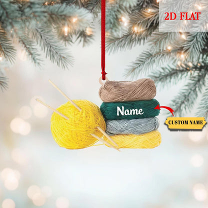 Personalized Wool Basket Knitting Accessories with String Lights, Yarns Ornament Christmas, Custom Name Christmas Tree Ornament Decoration