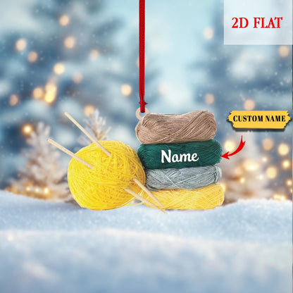 Personalized Wool Basket Knitting Accessories with String Lights, Yarns Ornament Christmas, Custom Name Christmas Tree Ornament Decoration