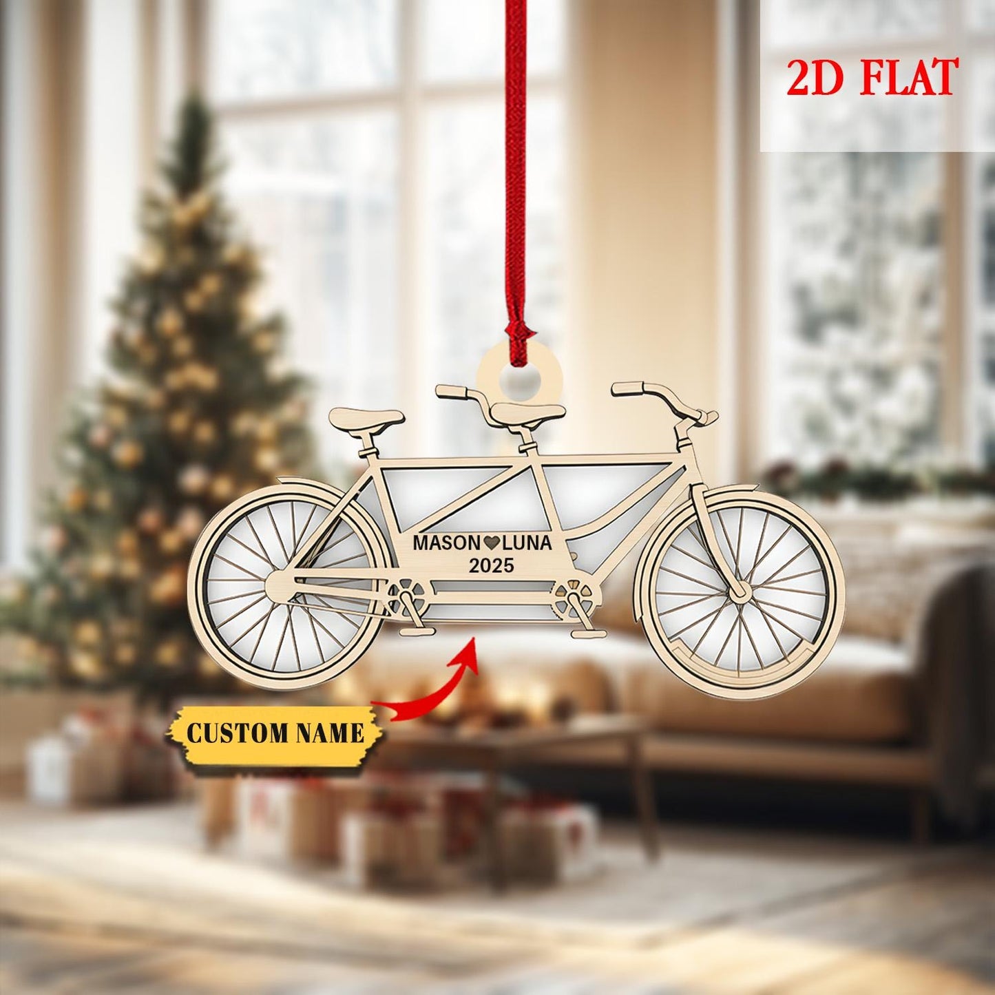 Personalized Bike Cycle Couple Ash Wood Ornament, Custom Dirt Bike Christmas Decoration, Couples Mountain Bike Christmas Decoration Bauble