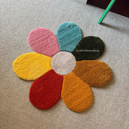 Black White  Flower Tufted Rug -  Boho Home Decor Tufting - Retro Style Aesthetic Handmade Tufted Rugs