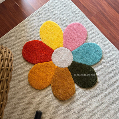 Black White  Flower Tufted Rug -  Boho Home Decor Tufting - Retro Style Aesthetic Handmade Tufted Rugs