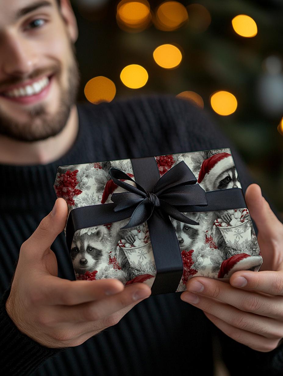 Christmas Raccoon Wrapping Paper: Funny Christmas Gift Paper, Perfect for Men Gift, Birthdays, Parties, Gift Wrap, and Festival Celebrations