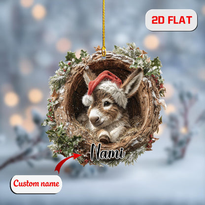 Custom 2D Donkey Ornament – Personalized Baby Donkey in Christmas Wreath Acrylic Decoration, Cute Animal Lover Gift, Holiday Farm Keepsake