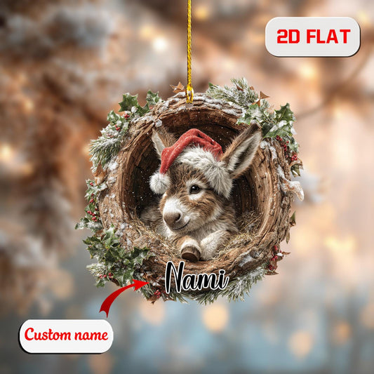Custom 2D Donkey Ornament – Personalized Baby Donkey in Christmas Wreath Acrylic Decoration, Cute Animal Lover Gift, Holiday Farm Keepsake