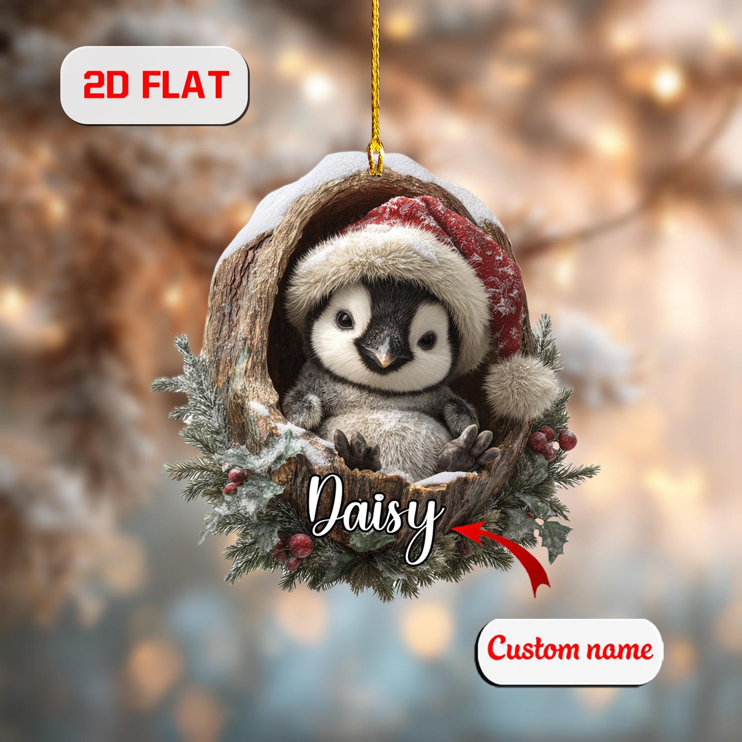 Custom 2D Penguin Ornament,Personalized Baby Penguin in Christmas Wreath Acrylic Decoration, Cute Animal Lover Gift, Winter Holiday Keepsake