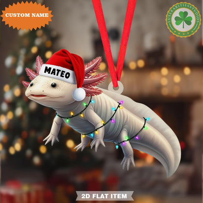 Custom Name Axolotl With Christmas Lights Ornament, Xmas Tree Decor, 2D Flat Ornament, Axolotl Lover Gift, Christmas Gift
