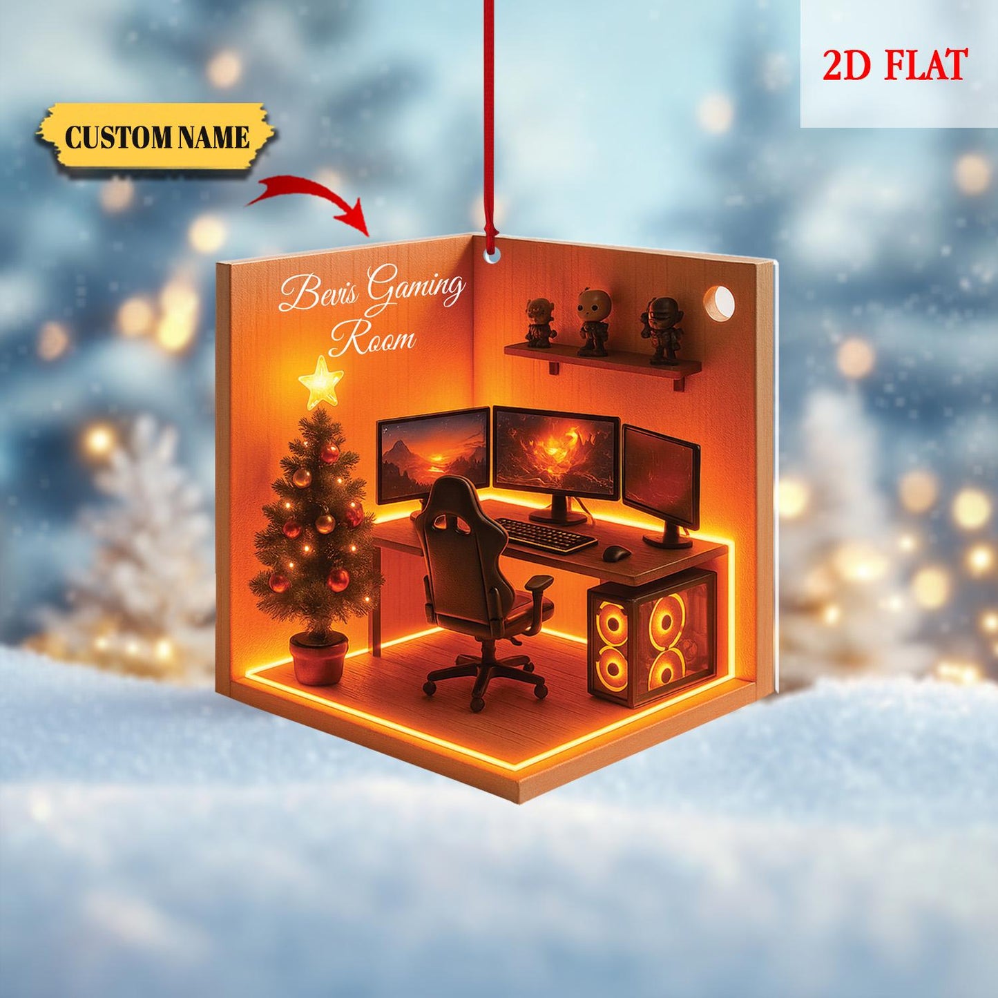 Personalized Name Dreamy Gaming Room 2D Flat Ornament, Gaming Christmas Ornament, Gift for Gamers, Christmas Gift, Gamer Room Decor