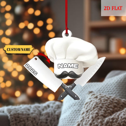 Custom Name Chef Ornament, Chef Hat Knife Accessories Christmas Tree Ornament Hanging Decoration House Xmas 2025, Gift For Cooking Lover