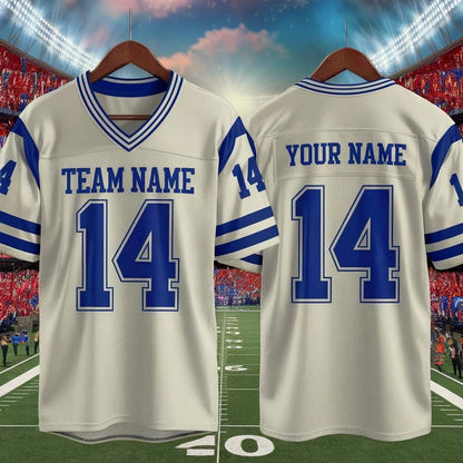 Custom America Team Football Jersey, White Blue Football Jersey With Team Name Number, America Football Jersey, Football Game Day Jersey