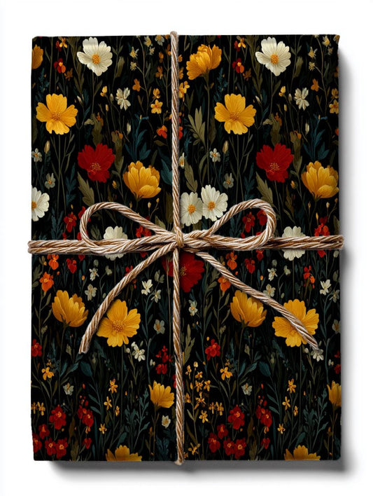 Flowers in Black Wrapping Paper - Perfect for Baby Showers, Birthdays, Parties, Gift Wrap, and Festive, Boho gifting, Floral wrapping paper