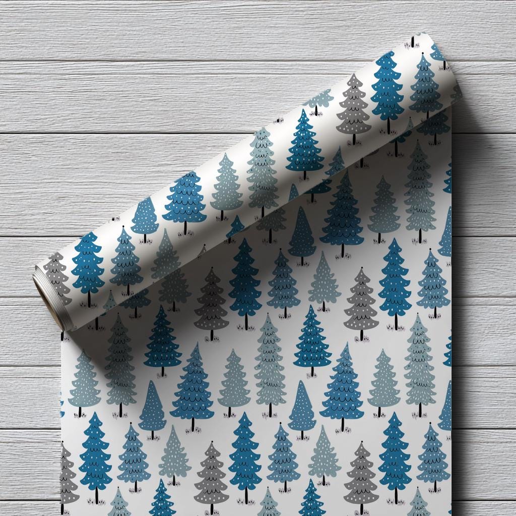 Blue Christmas Trees Wrapping Paper - Perfect for Baby Showers, Birthdays, Parties, Gift Wrap, and Celebrations,  Unique Gift Giving