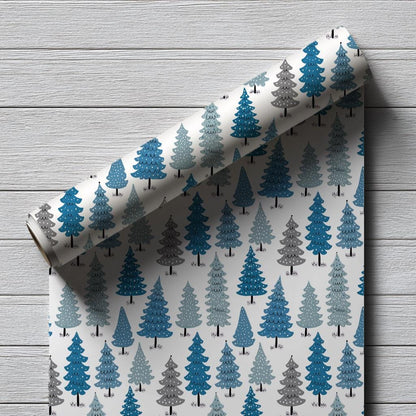 Blue Christmas Trees Wrapping Paper - Perfect for Baby Showers, Birthdays, Parties, Gift Wrap, and Celebrations,  Unique Gift Giving