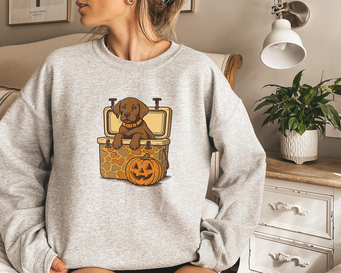 Brown Lab Halloween Sweatshirt, Dog in Camo Cooler Shirt with Pumpkin Face, Fall Hunting Dog Shirt,Southern Spooky Halloween Tee