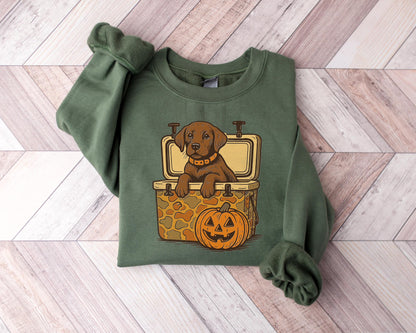 Brown Lab Halloween Sweatshirt, Dog in Camo Cooler Shirt with Pumpkin Face, Fall Hunting Dog Shirt,Southern Spooky Halloween Tee