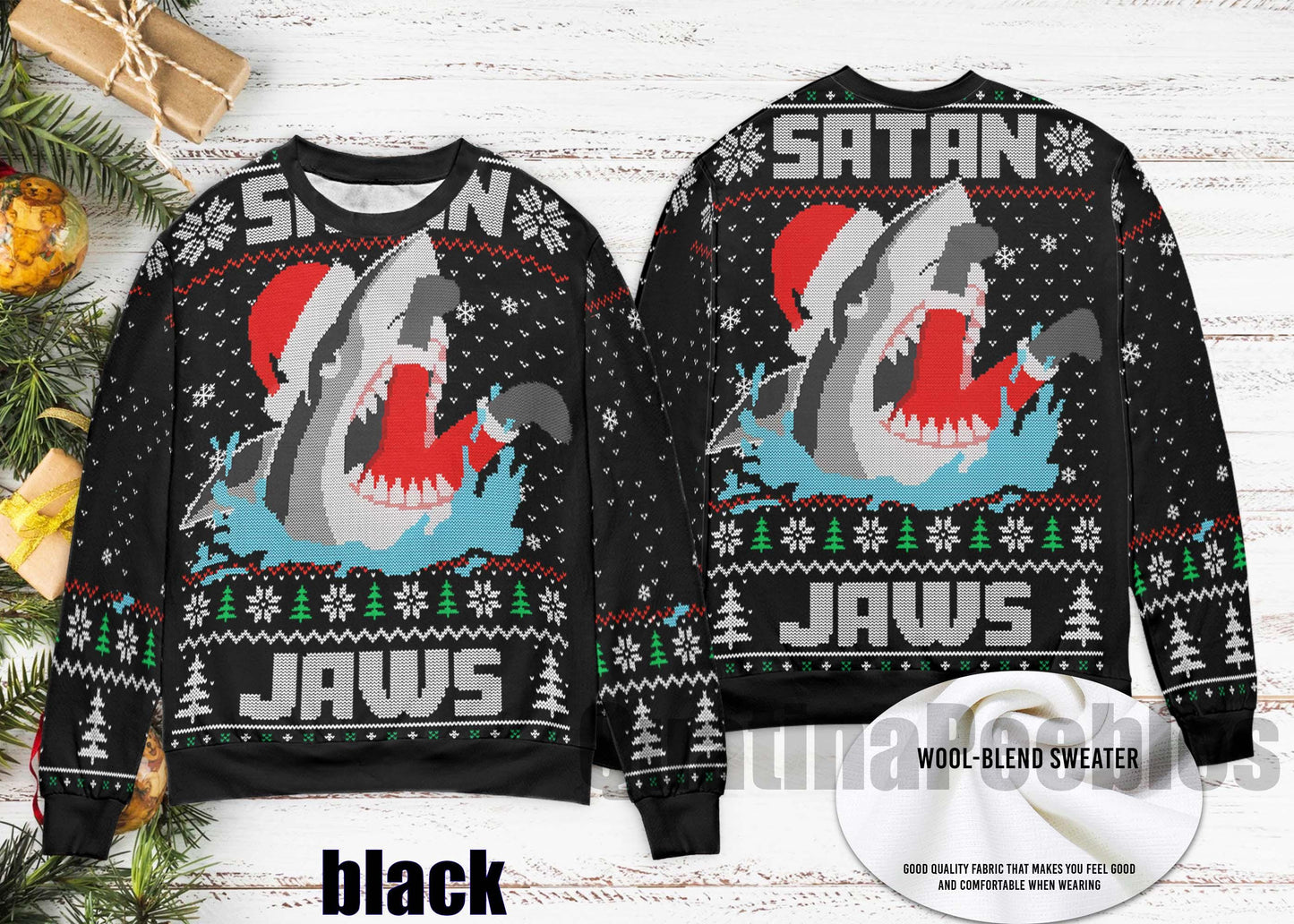 Santa Jaws Shark Men's Ugly Sweater Ugly Sweater, Santa Jaw Christmas Sweater – Unisex Funny Sweater for Family, Christmas Ugly Sweater