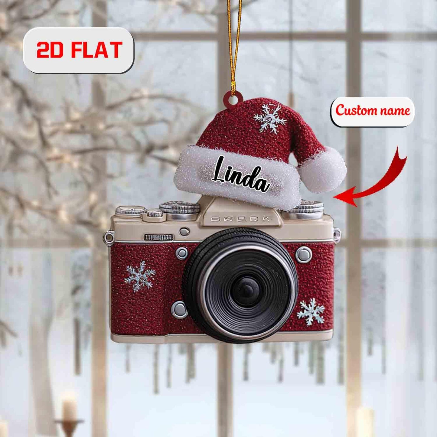 Personalized Camera Ornament with Santa Hat, Custom Name Christmas Gift for Photographer, Photography Lover Holiday Tree Decoration