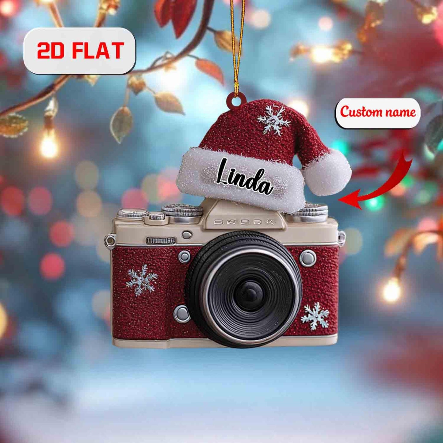 Personalized Camera Ornament with Santa Hat, Custom Name Christmas Gift for Photographer, Photography Lover Holiday Tree Decoration
