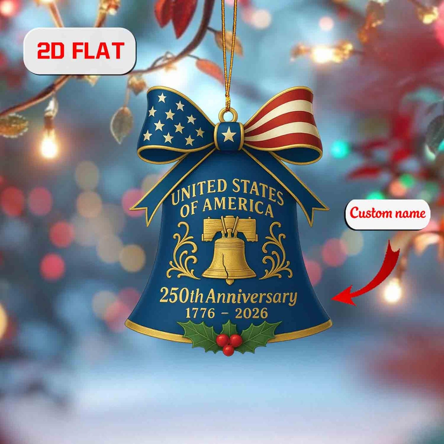 USA 250th Anniversary Ornament 2026, Custom Name Christmas Decoration, American Patriotic Gift, Liberty Bell Holiday Keepsake Decor