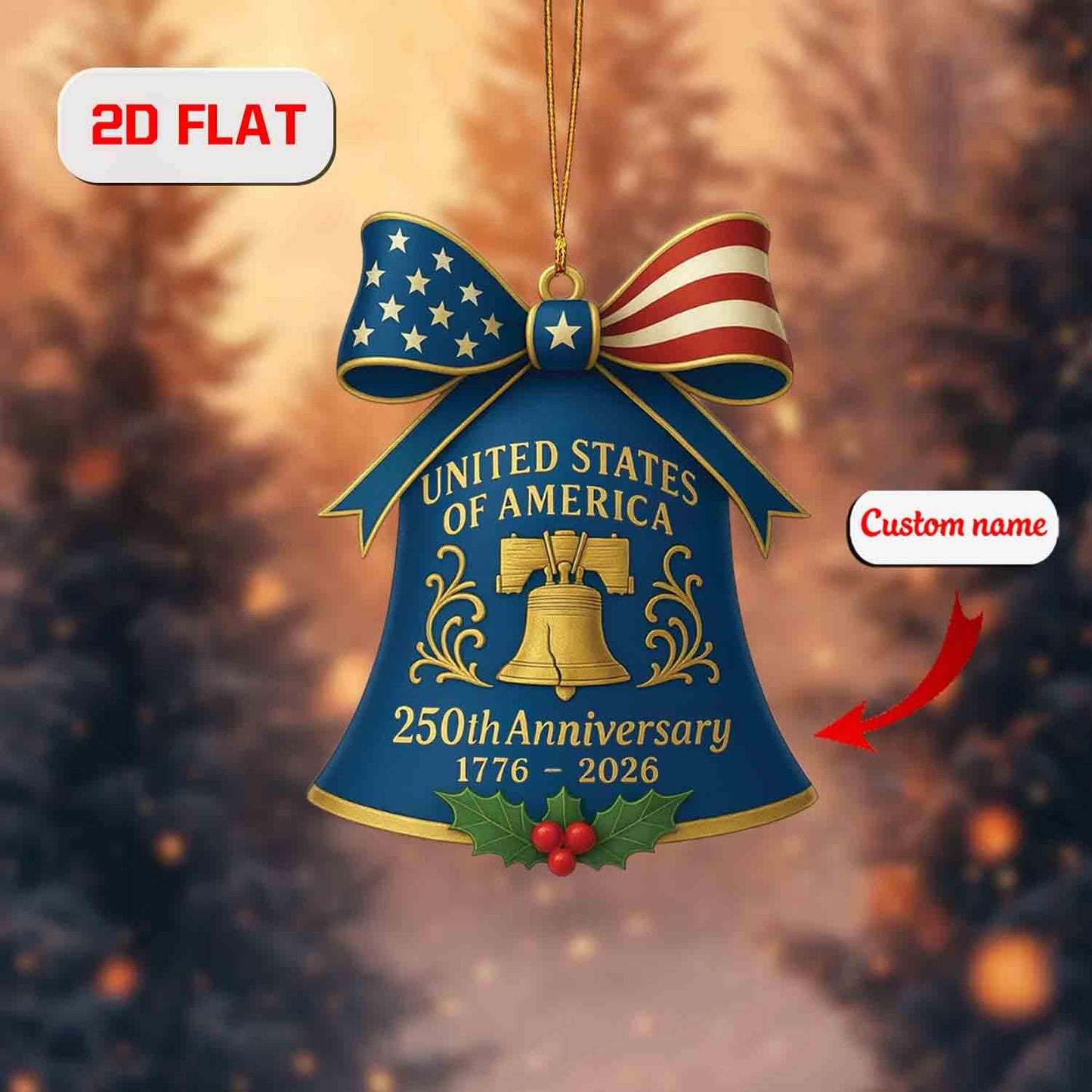 USA 250th Anniversary Ornament 2026, Custom Name Christmas Decoration, American Patriotic Gift, Liberty Bell Holiday Keepsake Decor