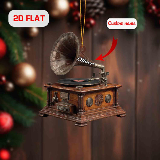 Personalized Gramophone Ornament, Custom Name Vintage Record Player Christmas Decoration, Retro Music Lover Holiday Tree Keepsake