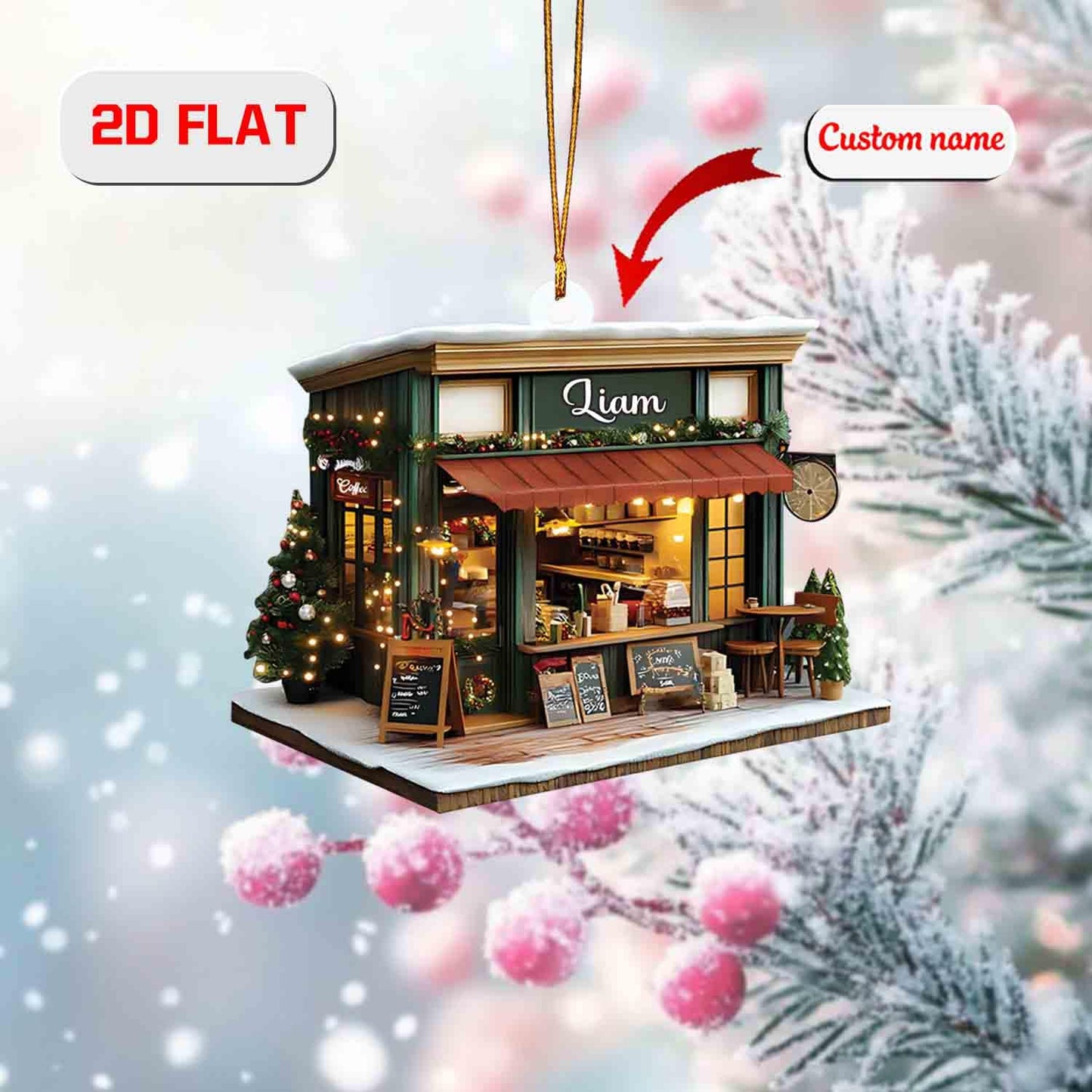 Personalized Coffee Shop Ornament, Custom Name Christmas Decoration, Café Holiday Keepsake, Barista Gift, Coffee Lover Tree Ornament