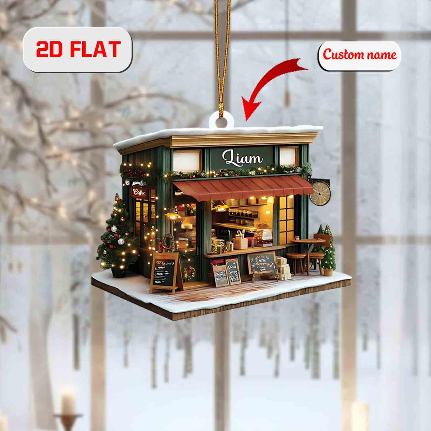 Personalized Coffee Shop Ornament, Custom Name Christmas Decoration, Café Holiday Keepsake, Barista Gift, Coffee Lover Tree Ornament