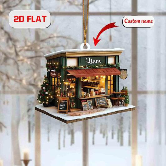 Personalized Coffee Shop Ornament, Custom Name Christmas Decoration, Café Holiday Keepsake, Barista Gift, Coffee Lover Tree Ornament