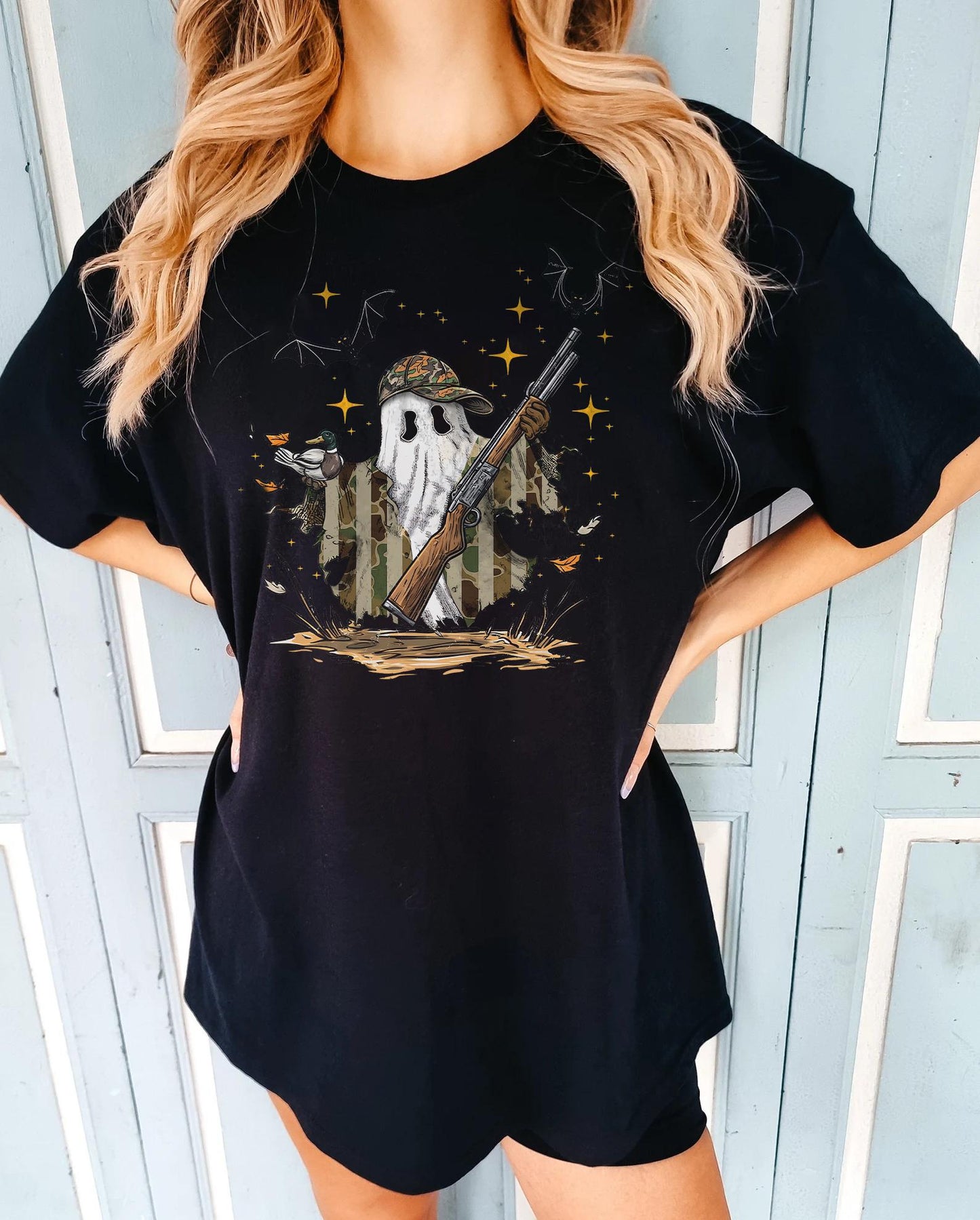 Retro Camouflage Duck Hunting Ghost Shirt, Funny Halloween Hunter Shirt, Spooky Camo Ghost With Mallard Shirt, Trendy Hunting Season Shirt
