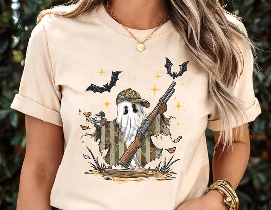 Retro Camouflage Duck Hunting Ghost Shirt, Funny Halloween Hunter Shirt, Spooky Camo Ghost With Mallard Shirt, Trendy Hunting Season Shirt