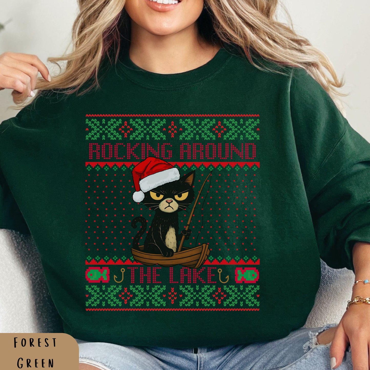 Rockin' Around the Christmas Tree Shirt Gift for Fisherman Ugly Christmas Fishing Gift Ideas Gift for Dad Cat Dad Christmas