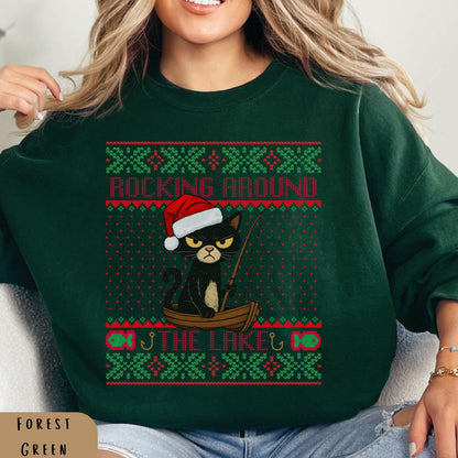 Rockin' Around the Christmas Tree Shirt Gift for Fisherman Ugly Christmas Fishing Gift Ideas Gift for Dad Cat Dad Christmas