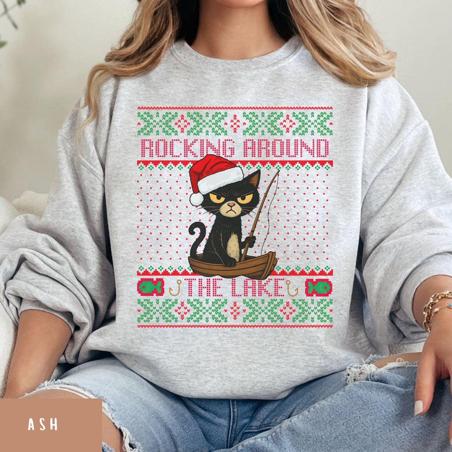 Rockin' Around the Christmas Tree Shirt Gift for Fisherman Ugly Christmas Fishing Gift Ideas Gift for Dad Cat Dad Christmas