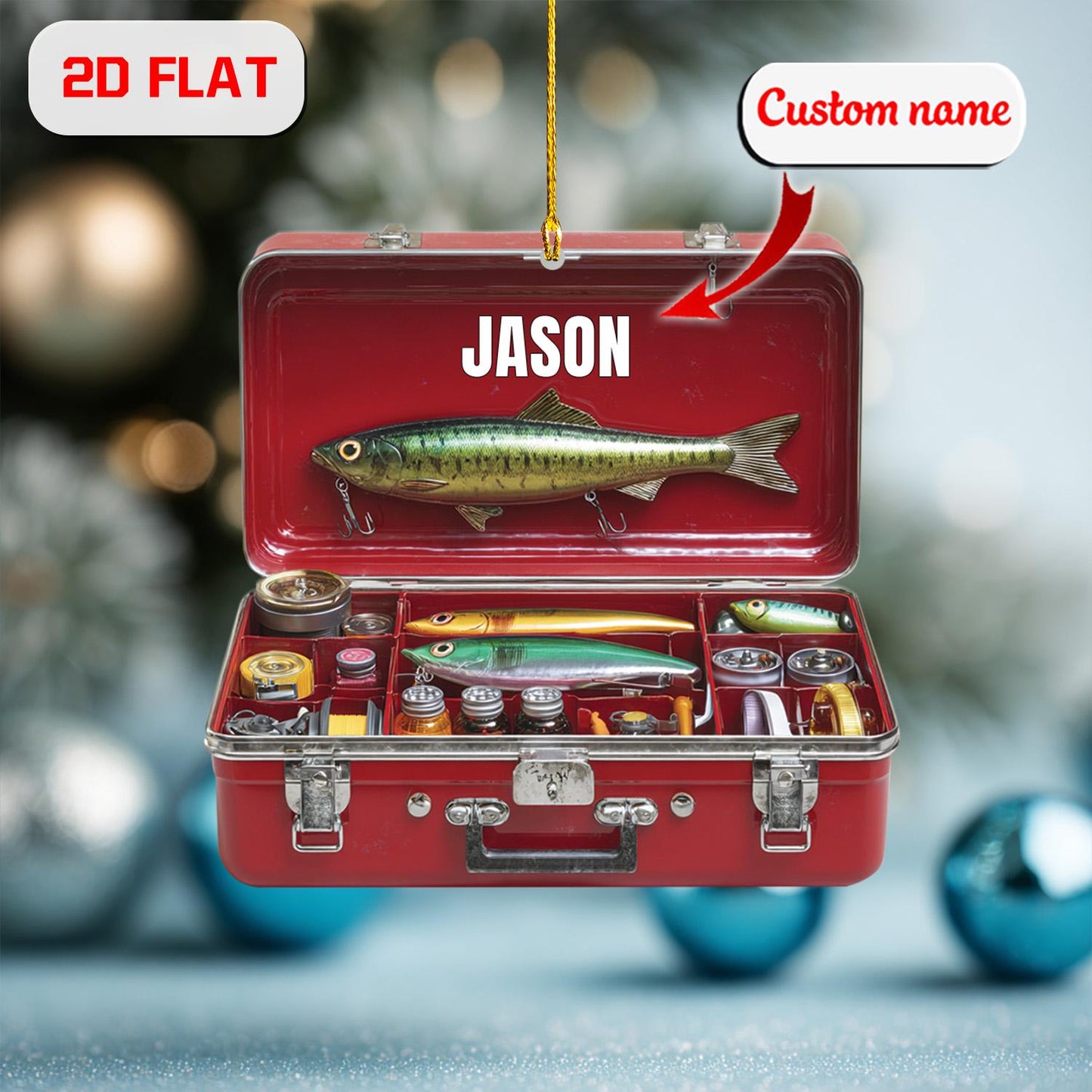 Personalized Fishing Ornament 2D Flat, Custom Fisherman Tackle Box Acrylic Gift, Unique Fisherman Christmas Keepsake Decor