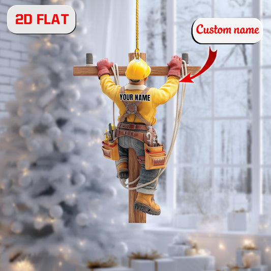 2D Flat Lineman Ornament, Personalized Electrician Gift, Custom Name Power Lineman Decor, Utility Worker Christmas Ornament Keepsake