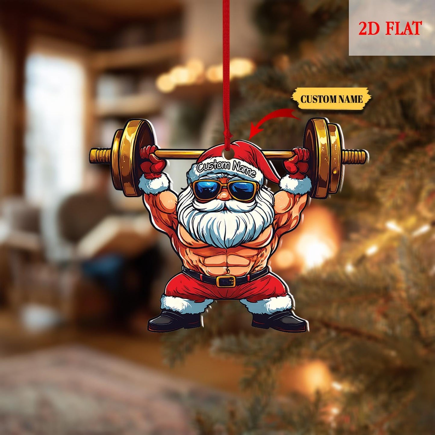 Personalized Santa Gym 2D Flat Ornament, Personalized Santa Gym ornament, Santa Claus Weightlifting Christmas Ornament, Gym lover ornament