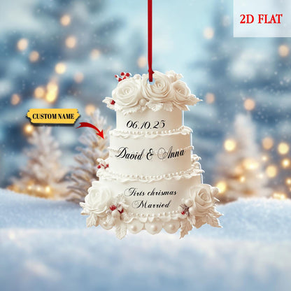 Personalized First Christmas Married Ornament, Wedding Cake 2D Flat Ornament, Custom Name and Date Ornament, Memory, Wedding Ornament