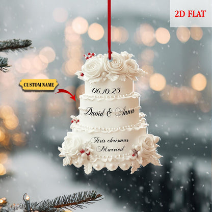 Personalized First Christmas Married Ornament, Wedding Cake 2D Flat Ornament, Custom Name and Date Ornament, Memory, Wedding Ornament