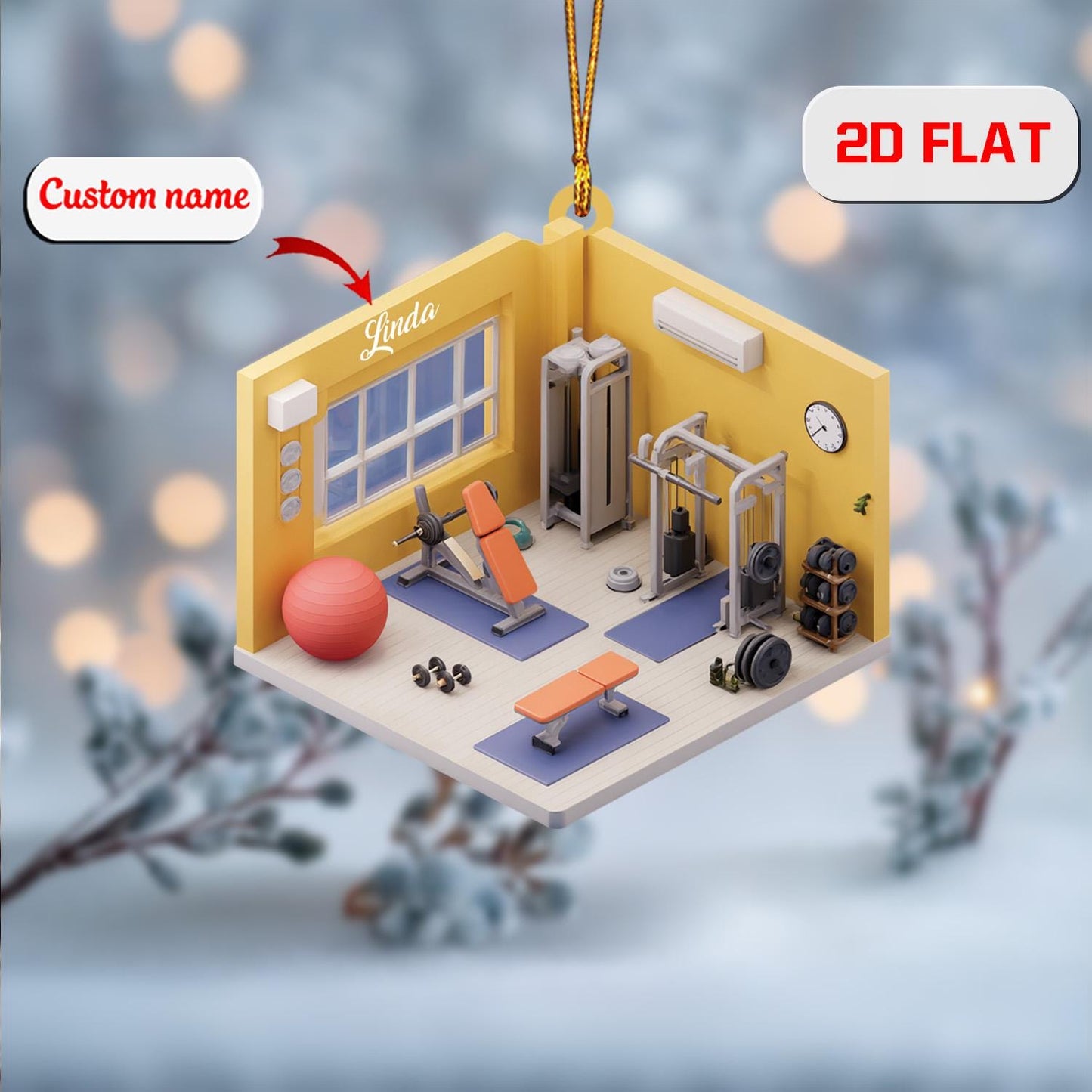 Custom 2D Flat Gym Ornament, Personalized Acrylic Christmas Decoration, Fitness Holiday Gift for Bodybuilder Weightlifter Personal Trainer