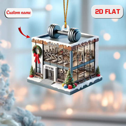 Custom 2D Flat Gym Building Ornament, Personalized Acrylic Christmas Decoration, Fitness Holiday Gift for Bodybuilder Trainer Gym Lover