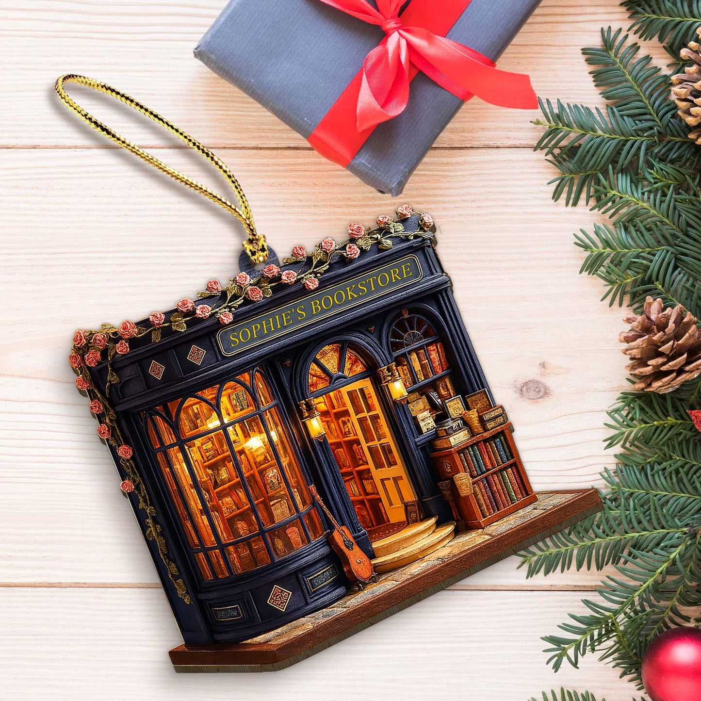 Personalized Bookstore Christmas Ornament 2025, Custom Book Store 2d Flat Wooden Ornament, Gift for Book Lovers,Bookshelf Christmas Ornament