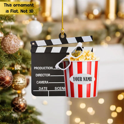 Personalized Film Clapboard with popcorn Ornament, Christmas Gift For Watching Movie Lover, Xmas Tree Decor