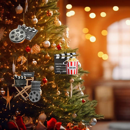 Personalized Film Clapboard with popcorn Ornament, Christmas Gift For Watching Movie Lover, Xmas Tree Decor