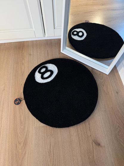 Handmade Tufted Rug – 8 Ball Round Carpet, Soft Fluffy Pool Ball Mat, Unique Game Room or Home Decor Gift